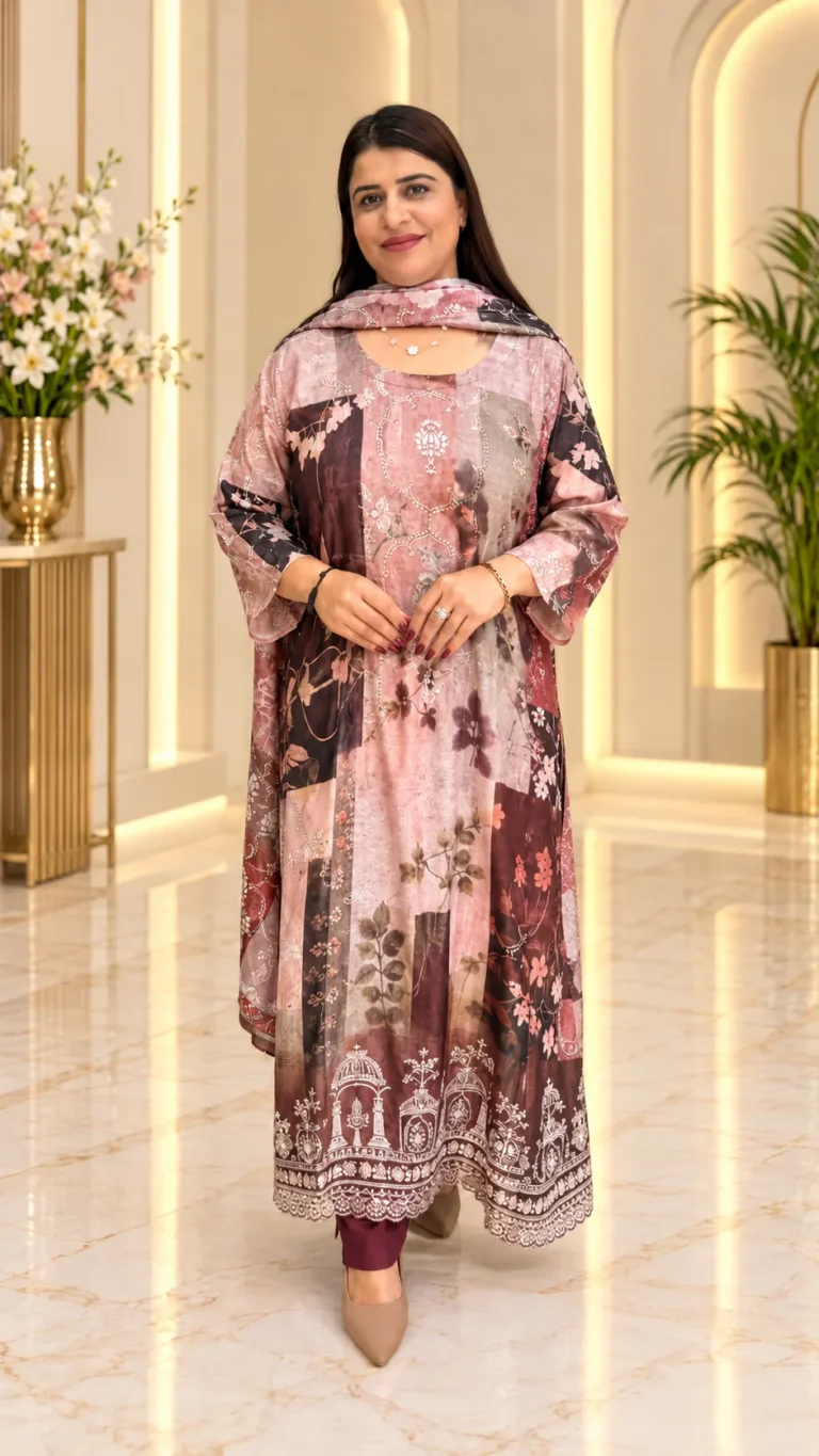 Pure Crepe Floral Printed 3-Piece Suit