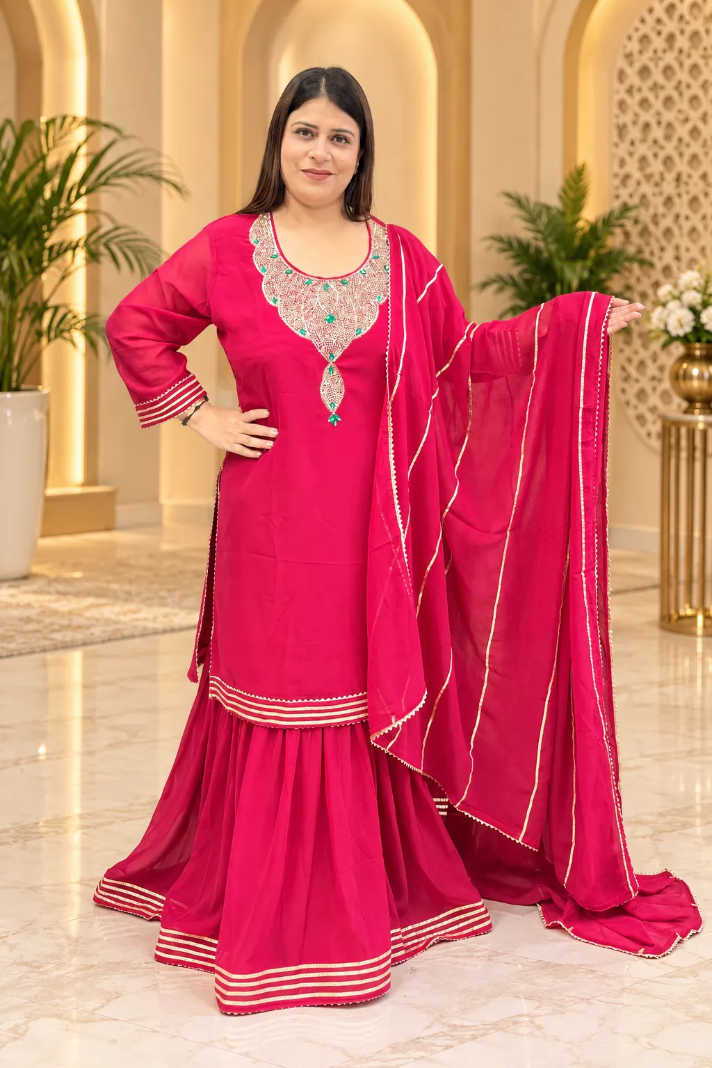 Georgette V-Neck Mirror Work Ethnic Suit - Image 3
