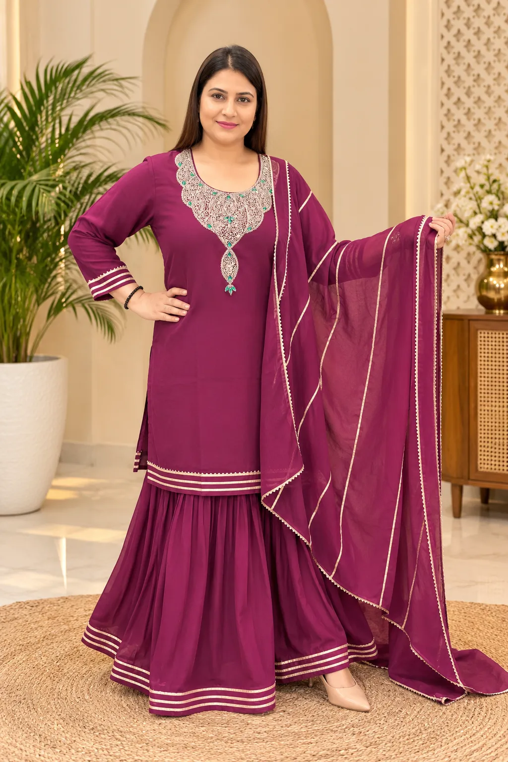 Georgette V-Neck Mirror Work Ethnic Suit