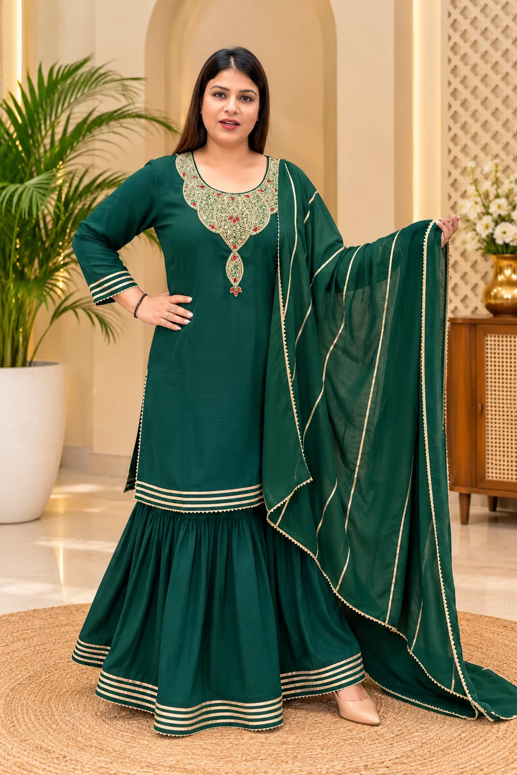 Georgette V-Neck Mirror Work Ethnic Suit - Image 2