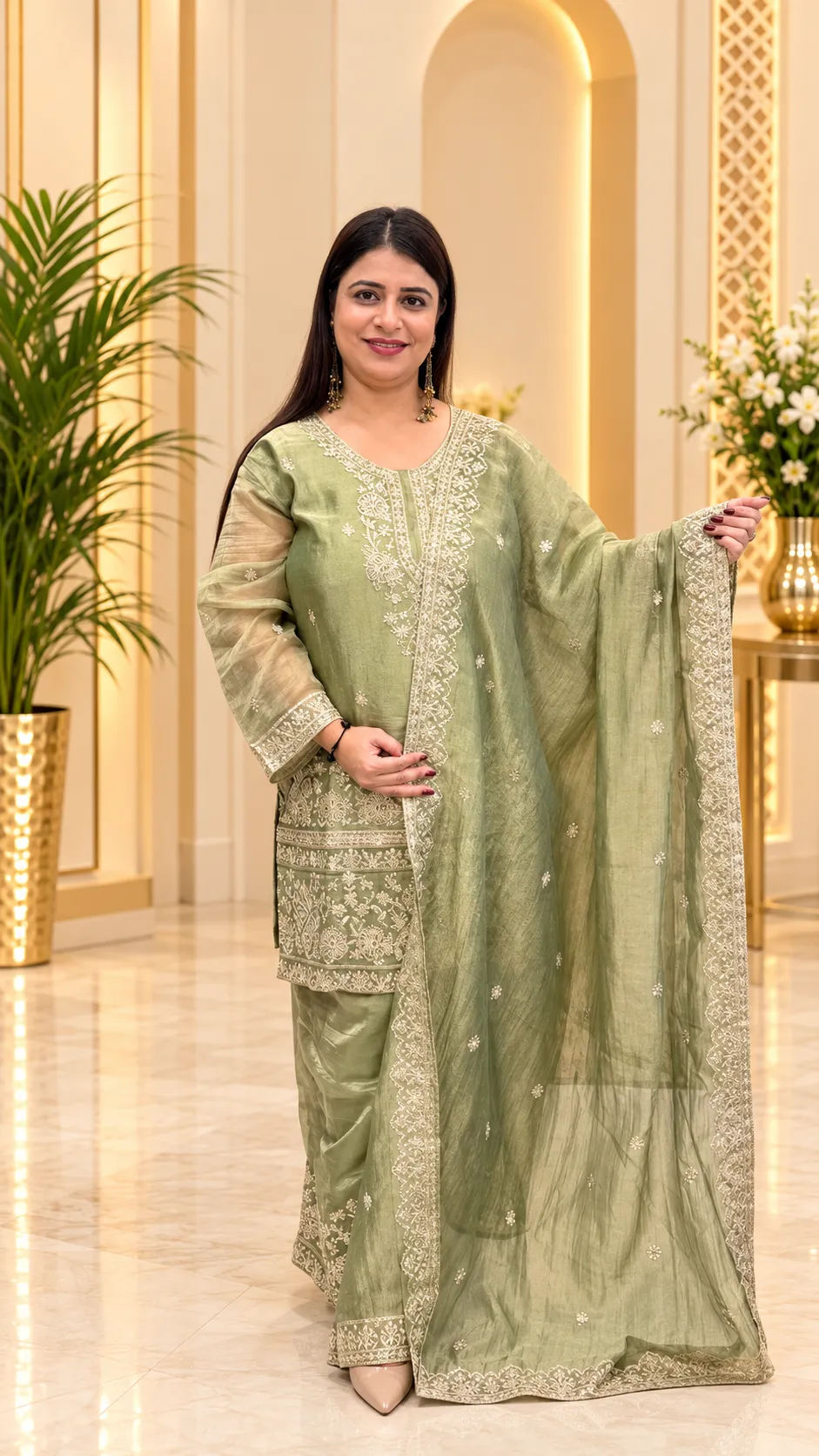 Party Wear Short Kurti with Palazzo 3-Piece Suit - Image 2