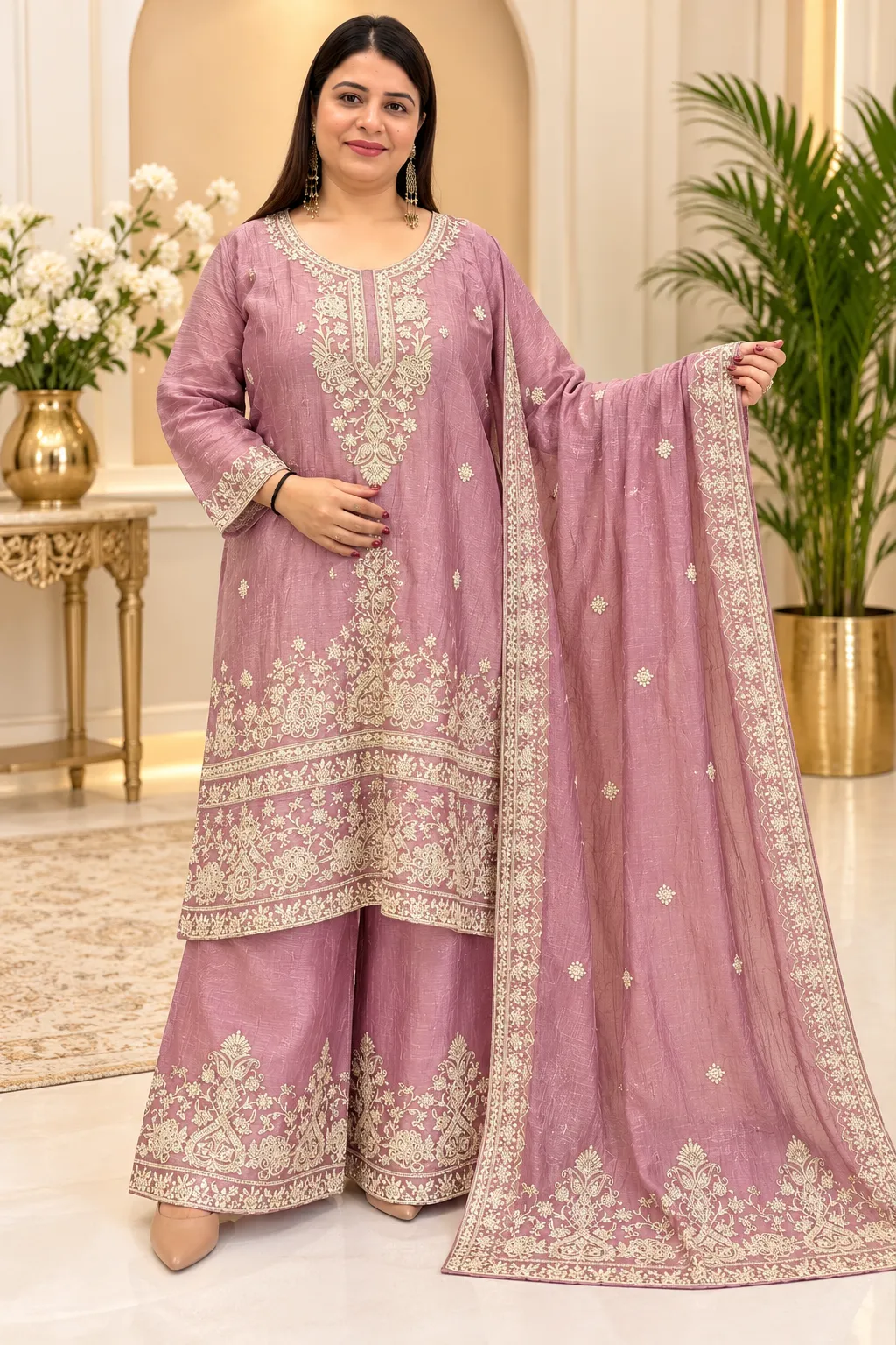 Party Wear Short Kurti with Palazzo 3-Piece Suit - Image 3
